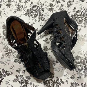 Black Tassel Zip Heels with Gold Tone Inner Braided Detail